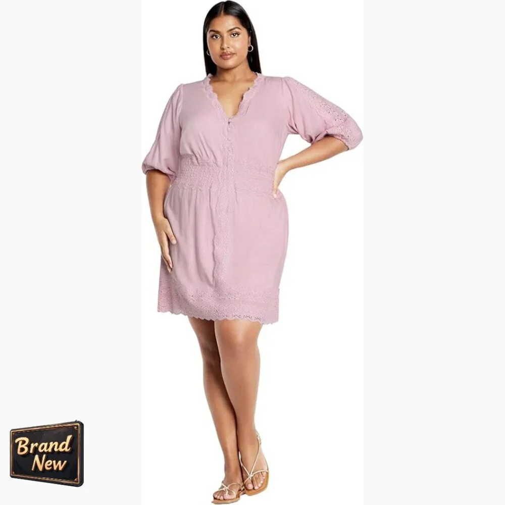 Plus Size V-Neck Dress with Puff Sleeves, Elastic Waist, Crochet Details